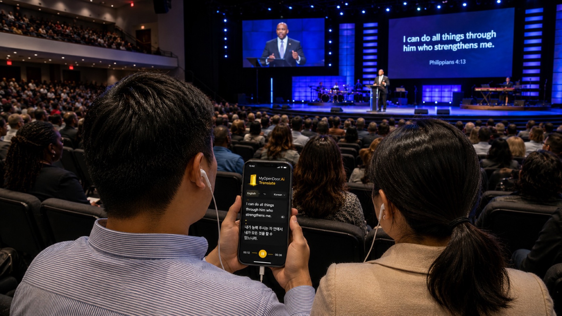 Two worshippers following the sermon in English and Korean on a phone while the pastor preaches on stage