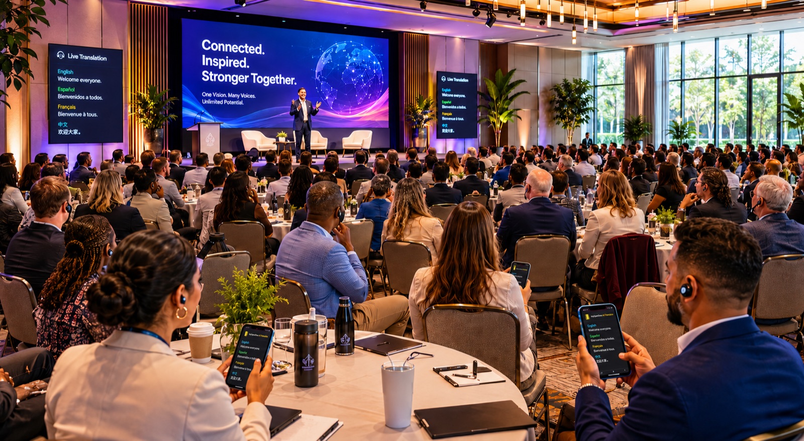 A packed multilingual conference — attendees following the live translation on their phones while a speaker presents on stage